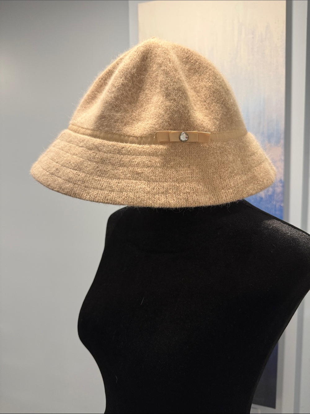 GAP Beige Women's Rabbit Hair Bucket Hat with Bow Accent